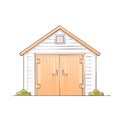 Illustration of a White Shed with Closed Double Doors and Trimmed Shrubs Royalty Free Stock Photo