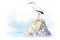 an illustration of a white stork perched atop a coastal cliff