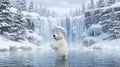 Illustration of a white teddy bear taking a bath in a waterfall in a snowy landscape Royalty Free Stock Photo