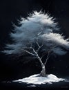 Illustration of a white tree standing in a dark garden. Ai generated.