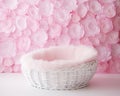 illustration of white wicker basket with white furry cover for people or product placement , pink background , created with ai Royalty Free Stock Photo
