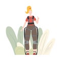 Illustration of white woman in exosuit with abstract foliage. Medical exoskeleton to help people with disabilities. Innovation