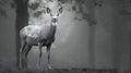 A whitetail deer in a foggy forest,