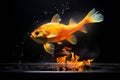 illustration of whole fish of carp on frying pan in levitation, frying over flame grill