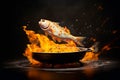 illustration of whole fish of carp on frying pan in levitation, frying over flame grill