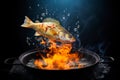 illustration of whole fish of carp on frying pan in levitation, frying over flame grill