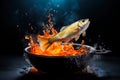 illustration of whole fish of carp on frying pan in levitation, frying over flame grill