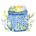 Illustration of a Wicker Basket Full of Knitting Materials craft, ball