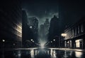 Wide panoramic view of a dark moody empty city centre, digital illustration painting