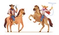 Wildlife western cowboy and cowgirl riding horse characters Royalty Free Stock Photo