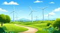 Illustration of wind turbines on green background,renewable energy with modern technology Royalty Free Stock Photo