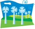 Illustration of a windfarm on green hills with clean blue sky.