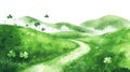 An illustration of a winding path through a field of green clover with white clouds over the horizon Royalty Free Stock Photo