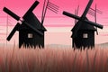 Illustration of windmill in the meadow at sunset with pink sky