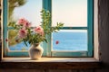 illustration of window with flowers. View on sea water. Generative AI Royalty Free Stock Photo