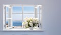 illustration of window with flowers. View on sea water. Generative AI Royalty Free Stock Photo