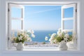 illustration of window with flowers. View on sea water. Generative AI Royalty Free Stock Photo