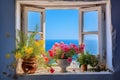 illustration of window with flowers. View on sea water. Generative AI Royalty Free Stock Photo