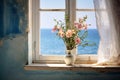 illustration of window with flowers. View on sea water. Generative AI Royalty Free Stock Photo