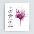 Illustration of wine glass with scattered wine stains. Sample text for menu, wine list or wine tasting