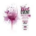 Illustration of wine glass with scattered wine stains. Text composition for invitations creativity and wine event announcement
