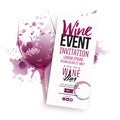 Illustration of wine glass with scattered wine stains. Text composition for invitations creativity and wine event announcement.