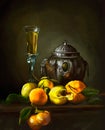 Illustration of wine and peaches on the table Royalty Free Stock Photo