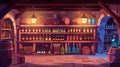 This is an illustration of a wine shop, cellar interior with bottles displayed on wooden racks and shelves, barrels and Royalty Free Stock Photo