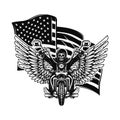 Illustration of winged motorcycle on american flag background. Design element for poster, card, banner, sign, emblem.