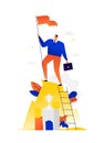 Illustration of a winner businessman achieving his goals. Vector. Metaphor. Victory in business. The leader climbed to the top of
