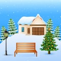 Winter background with house, wood bench and christmas tree on the snow hills Royalty Free Stock Photo