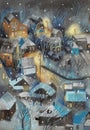 Illustration of a winter cityscape. Watercolor.