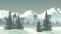 Illustration of winter coniferous forest with mountains. Royalty Free Stock Photo