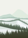 Illustration of winter coniferous forest with mountains. Royalty Free Stock Photo