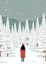 Illustration of winter forest with trees covered with snow. Girl in red coat and beanie. Light blue sky stars snowfall.