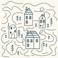 Illustration of winter houses. Beautiful linear houses among trees and roads. Cute tiny houses in winter open and poster Royalty Free Stock Photo