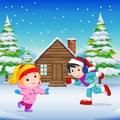In the winter, kids play in the snow very joyfully
