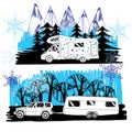 illustration of winter landscape with camper van, motorhome. Family trip. Drawing design for logo, snowflakes and Royalty Free Stock Photo