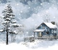 Illustration: winter landscape: pine trees covered with snow and a wooden house. Night. Christmas card as a symbol of remembrance Royalty Free Stock Photo