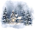 Illustration: winter landscape: pine trees covered with snow and a wooden house. Night. Christmas card as a symbol of remembrance Royalty Free Stock Photo