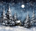 Illustration: winter landscape: pine trees covered with snow and a wooden house. Night. Christmas card as a symbol of remembrance Royalty Free Stock Photo