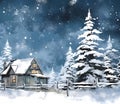 Illustration: winter landscape: pine trees covered with snow and a wooden house. Night. Christmas card as a symbol of remembrance Royalty Free Stock Photo
