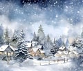 Illustration: winter landscape: pine trees covered with snow and a wooden house. Night. Christmas card as a symbol of remembrance Royalty Free Stock Photo