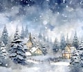 Illustration: winter landscape: pine trees covered with snow and a wooden house. Night. Christmas card as a symbol of remembrance Royalty Free Stock Photo