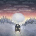 Illustration of a winter landscape with a railway train in the evening at sunset Royalty Free Stock Photo