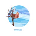 Winter landscape with small house, tree and snow on the ground. Cold January. Flat vector icon in circle shape Royalty Free Stock Photo