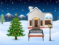 Winter night background with christmas trees, street lamp and bench in front snowy house Royalty Free Stock Photo