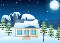 Winter night landscape with snow covered house and snowy rocks Royalty Free Stock Photo