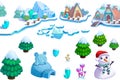 Illustration: Winter Snow Ice World Theme Elements Design Set 1. Game Assets. The House, The Tree, Ice, Snow, Snowman. Royalty Free Stock Photo