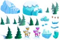 Illustration: Winter Snow Ice World Theme Elements Design Set 2. Game Assets. Pine Tree, Ice, Snow, Eskimo Igloo.